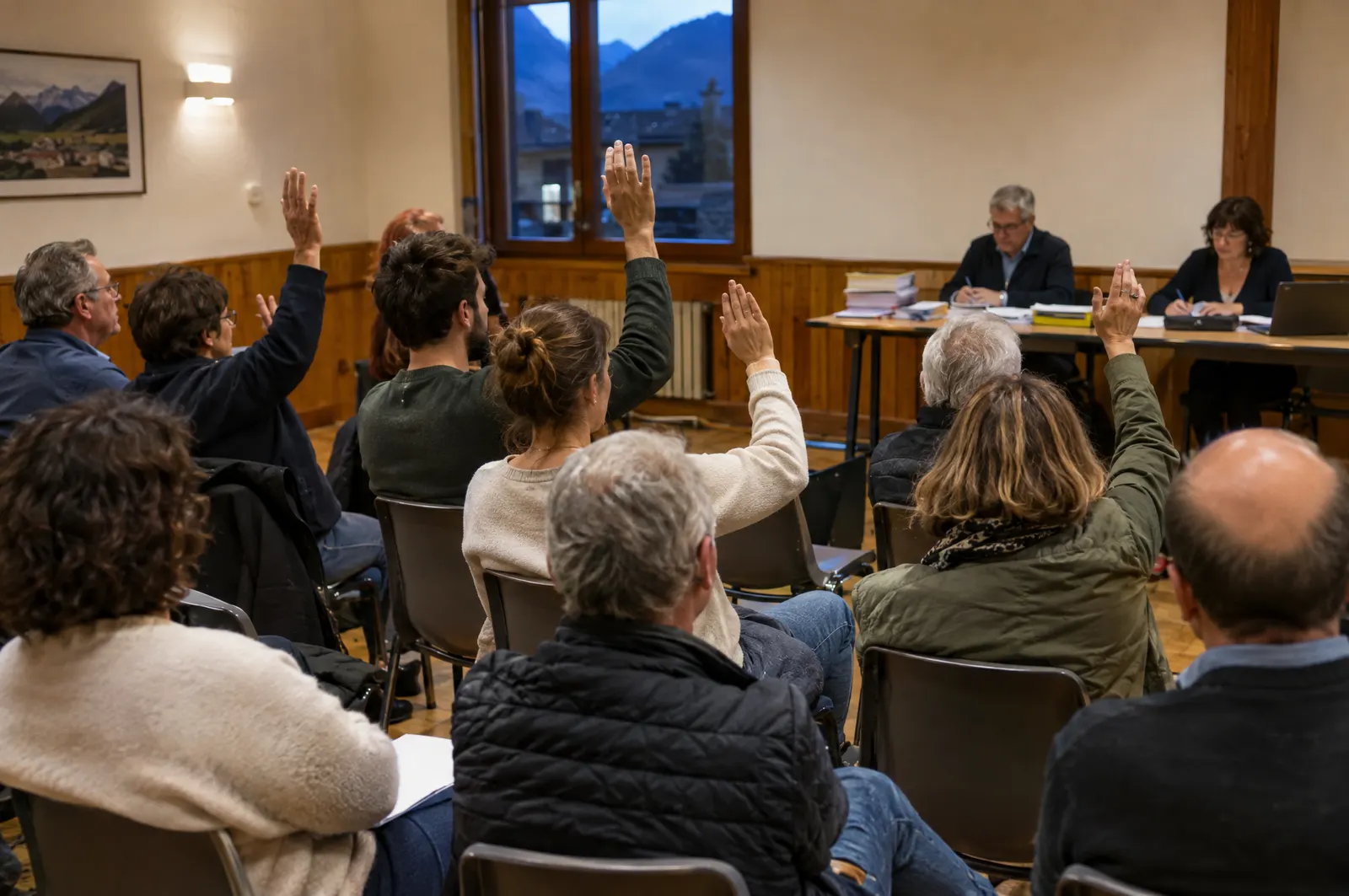 Copropriétaires votant à main levée lors d'une assemblée générale de copropriété