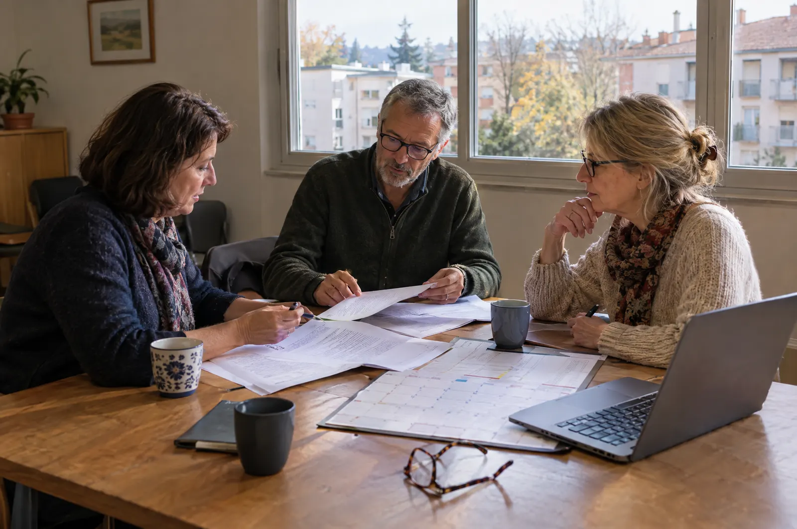 Trois membres d'un conseil syndical comparent des contrats de syndic et un planning autour d'une table