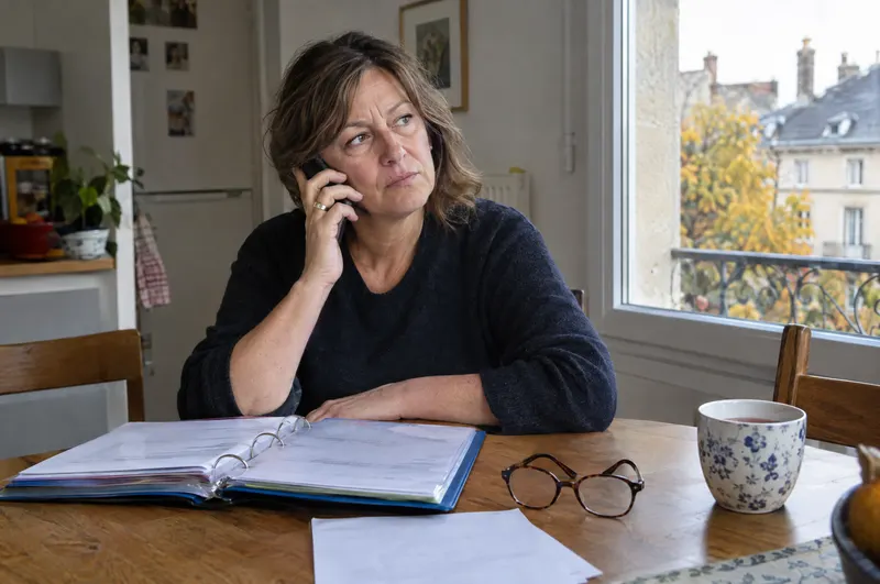 Copropriétaire au téléphone à sa table de cuisine, un classeur de documents de copropriété ouvert devant elle