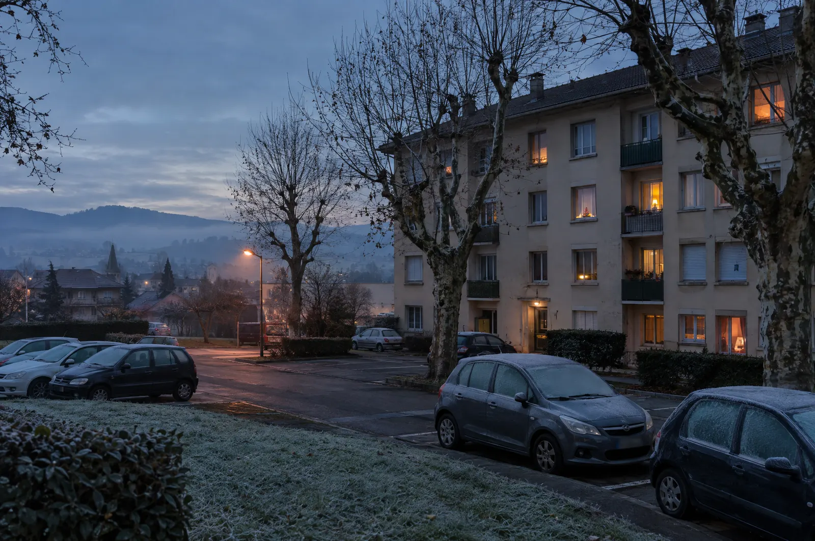 Immeuble d'habitation au crépuscule en hiver, fenêtres éclairées et voitures givrées sur le parking